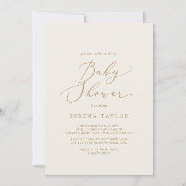 Delicate Gold Calligraphy | Cream Baby Shower Invitation