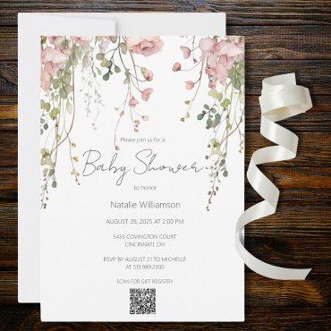 Delicate Pink Floral Baby Shower QR Code