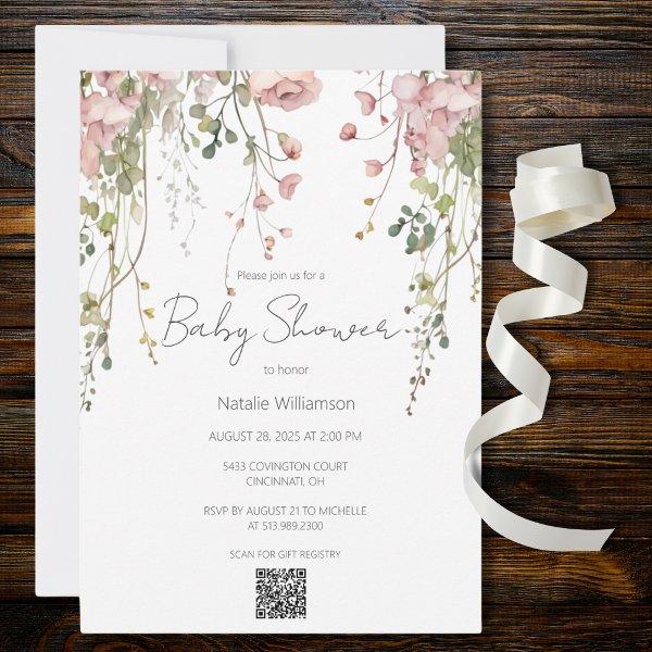 Delicate Pink Floral Baby Shower QR Code