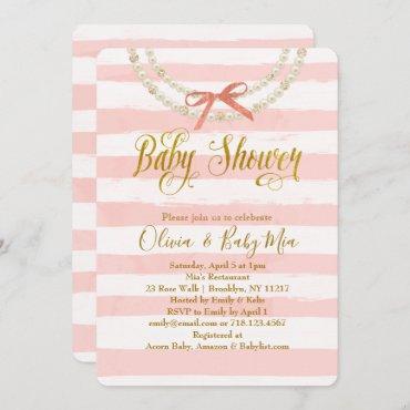 Diamonds & Pearls Pink Baby Shower Invitation Bow