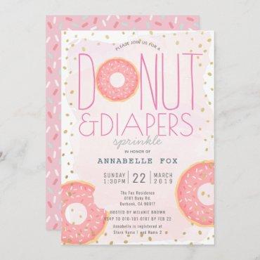 Donut & Diapers Sprinkle Pink Gold Baby Shower Invitation