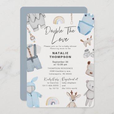 Double the Love Clothes Twin Boys Baby Shower Invitation