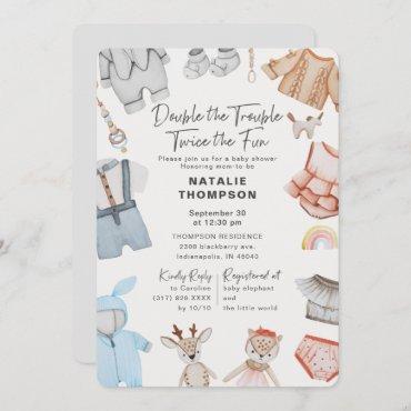 Double the Trouble Twins Boy Girl Baby Shower Invitation
