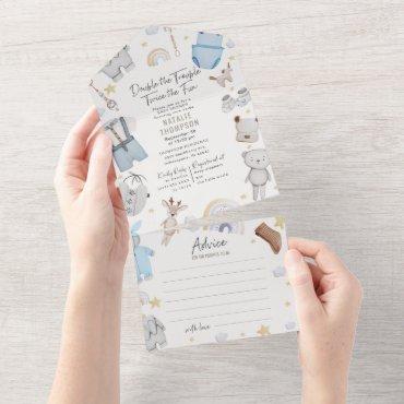 Double Trouble Twin Boys & Advice Baby Shower All In One Invitation