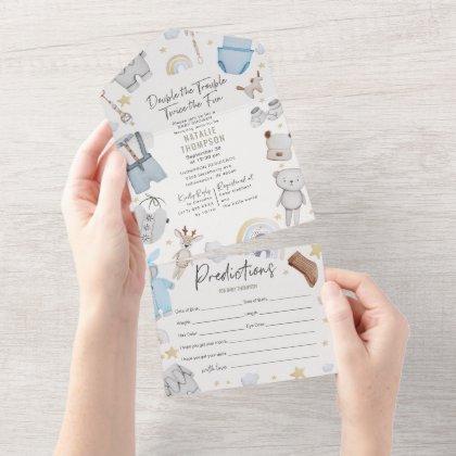 Double Trouble Twin Boys & Predictions Baby Shower All In One Invitation