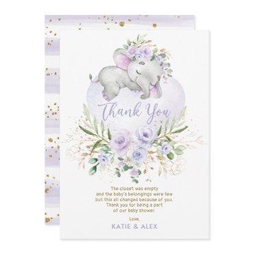 Dreamy Elephant Purple Gold Floral Baby Shower Tha Thank You Card