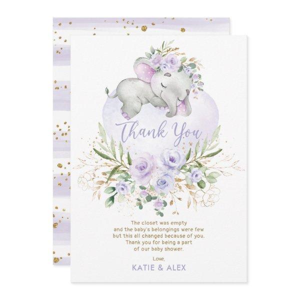 Dreamy Elephant Purple Gold Floral Baby Shower Tha Thank You Card