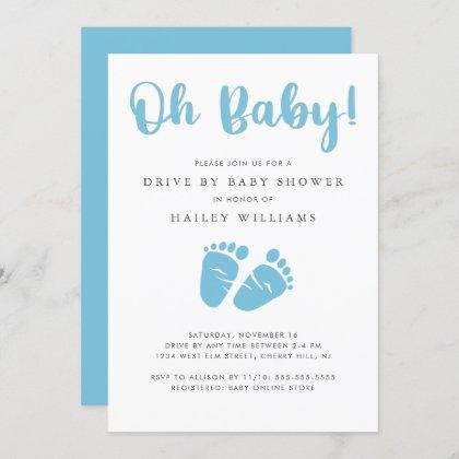 Drive By Baby Shower | Oh Baby Boy Blue Baby Feet Invitation
