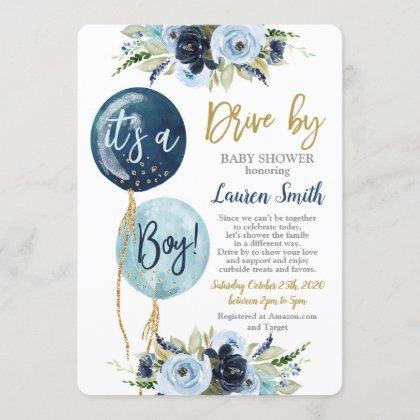 Drive by balloons baby shower boy invitation