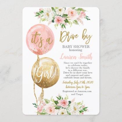 Drive by balloons baby shower girl invitation