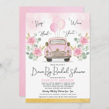 Drive By Bridal Shower Pink Floral Vintage Car Invitation