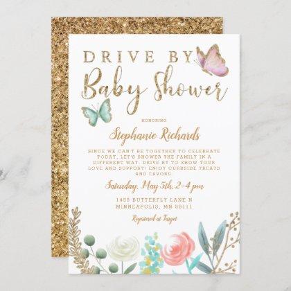 Drive By Butterfly Gold Baby Shower Invitation