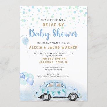 Drive By Car Boy Baby Shower Blue Green Gold Invitation