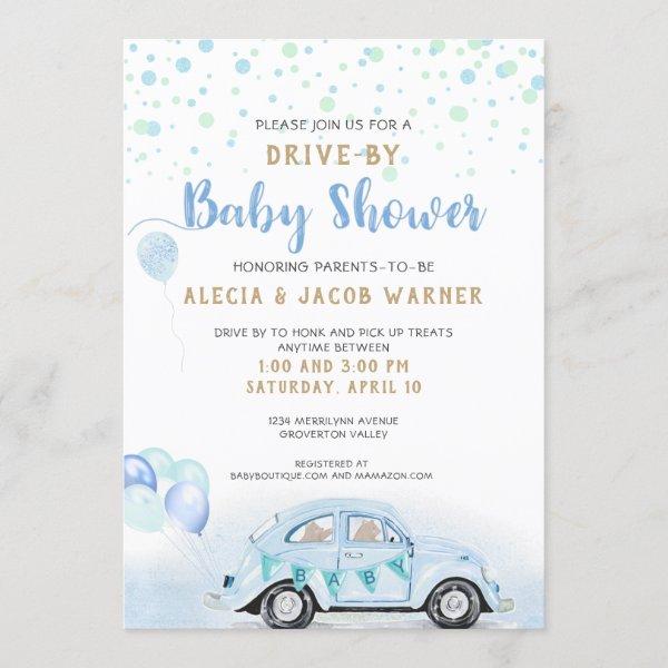 Drive By Car Boy Baby Shower Blue Green Gold