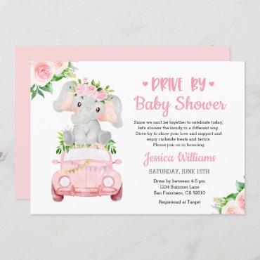 Drive By Elephant Baby Shower Girl Invitation
