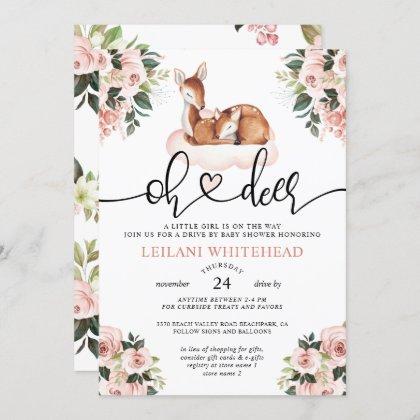 Drive By Oh Deer Baby Shower Watercolor Floral Invitation