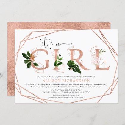 Drive through It's a Girl rose gold greenery Invitation