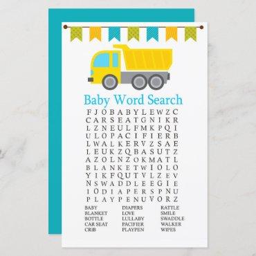Dump truck Baby Shower Word Search Game