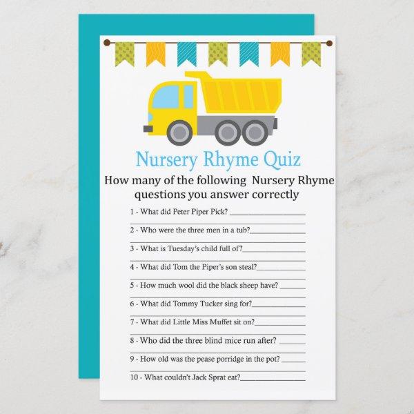 Dump truck Nursery Rhyme Quiz baby shower game