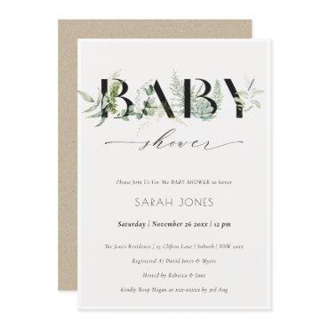 Dusky Leafy Fern Succulent Baby Shower Invite