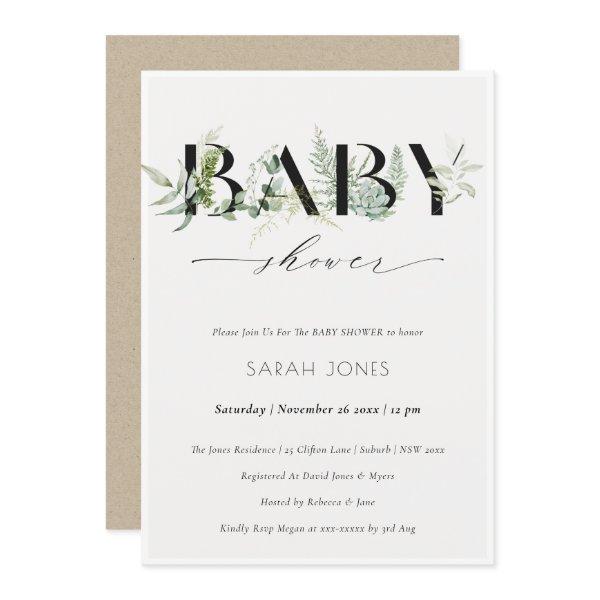 Dusky Leafy Fern Succulent Baby Shower Invite