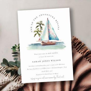 Dusky Teal Sailboat Palm Seascape