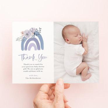 Dusty Blue and Purple | Rainbow Baby Shower Photo Thank You Card