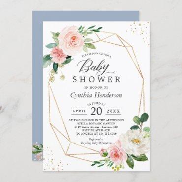 Dusty Blue Blush Floral Gold Geometric Baby Shower Invitation