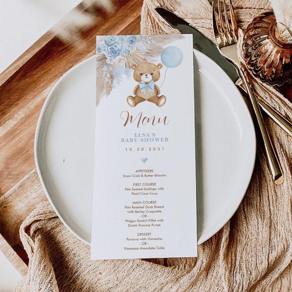 Dusty Blue Boho Teddy Bear Balloon Menu Card