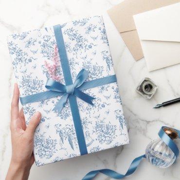 Dusty Blue Floral Vintage Teddy Bear Baby Shower Wrapping Paper