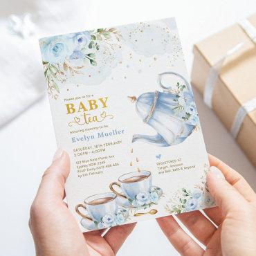 Dusty Blue Gold Floral Boy Baby Shower Tea Party