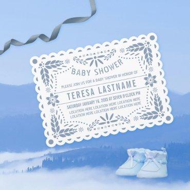 Dusty blue papel picado white baby boy shower
