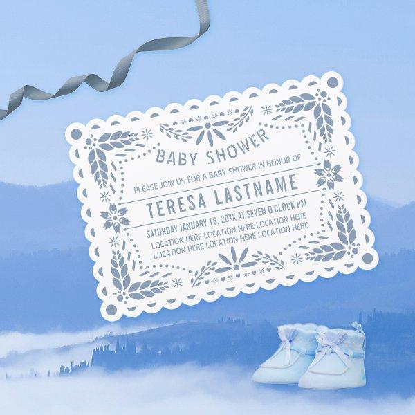 Dusty blue papel picado white baby boy shower