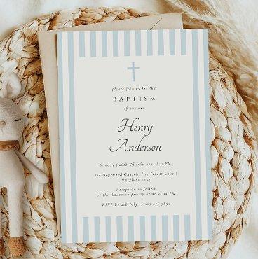 Dusty Blue Stripes Elegant Baptism Boy Invite