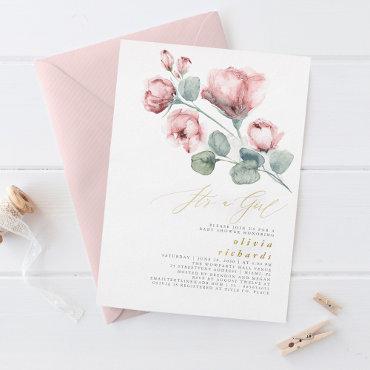 Dusty Pink Floral Elegant It's a Girl Baby Shower Foil