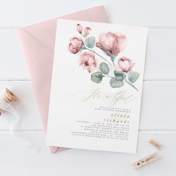 Dusty Pink Floral Elegant It's a Girl Baby Shower Foil