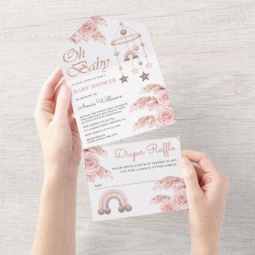 Dusty Pink Rose Pampas Boho Rainbow Baby Shower All In One Invitation