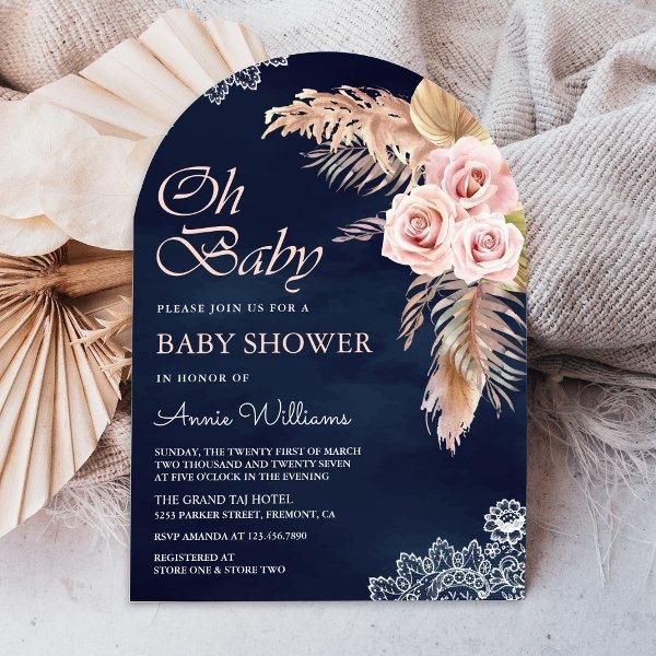 Dusty Pink Rose Pampas Grass Navy Arch