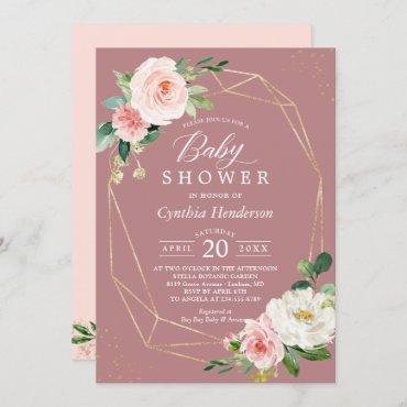 Dusty Rose Blush Floral Gold Geometric Baby Shower Invitation