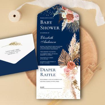 Earthy Floral Pampas Grass Navy Blue Baby Shower All In One