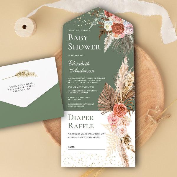 Earthy Floral Pampas Grass Sage Green Baby Shower All In One