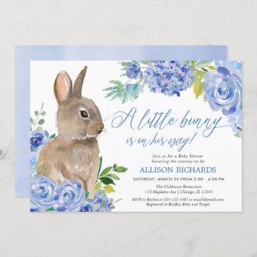 Easter bunny blue white floral boy baby shower invitation