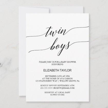Elegant Black Calligraphy Twin Boys Baby Shower Invitation