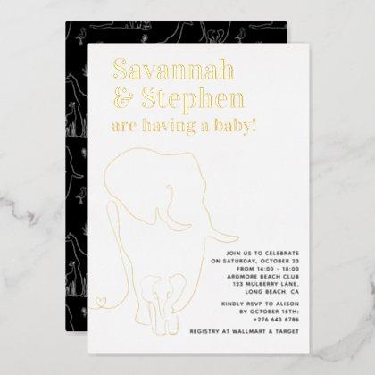 Elegant Black Safari Elephant Coed Baby Shower Foil Invitation