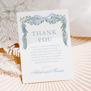 Elegant Blue Bow with Greenery Boy Baby Shower Thank You Card