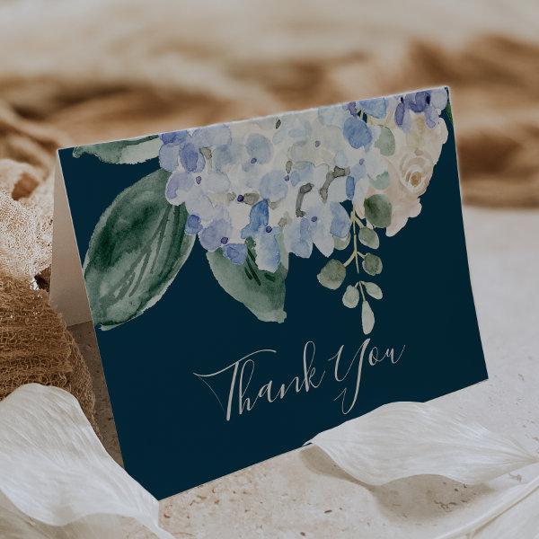 Elegant Blue Hydrangea | Blank Navy Thank You Card