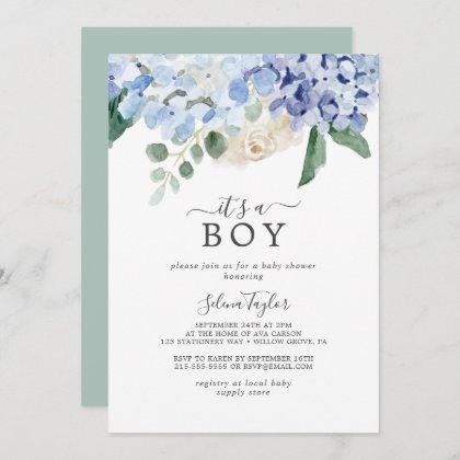 Elegant Blue Hydrangea It's A Boy Baby Shower Invitation