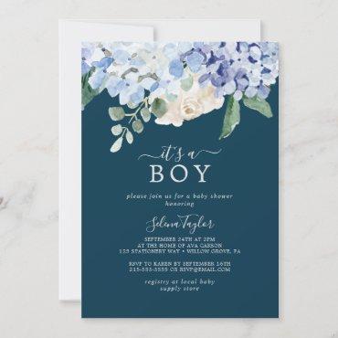 Elegant Blue Hydrangea Navy It's A Boy Baby Shower Invitation