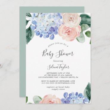 Elegant Blue Hydrangea | White Baby Shower Invitation