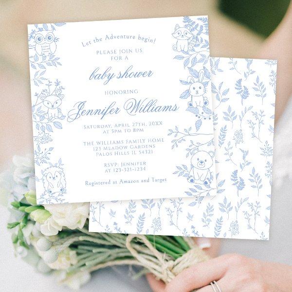 Elegant Blue Line Art Woodland Baby Boy Shower